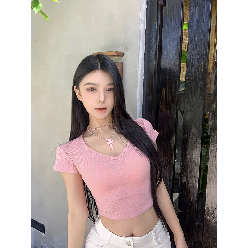 MosesQueen魔西女王粉色辣妹短款t恤2025新款胸大腰细修身V领短袖