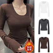 MosesQueen魔西女王加绒加厚打底衫 女秋冬内搭上衣黑色u领长袖 t恤