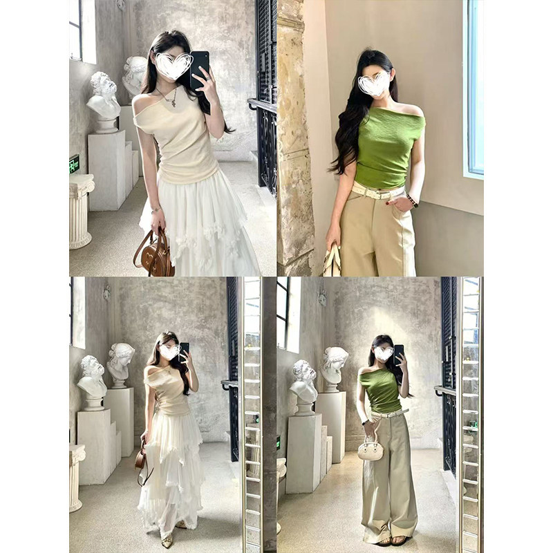 MosesQueen魔西女王一字领高弹修身露肩短袖女夏季新款斜领上衣