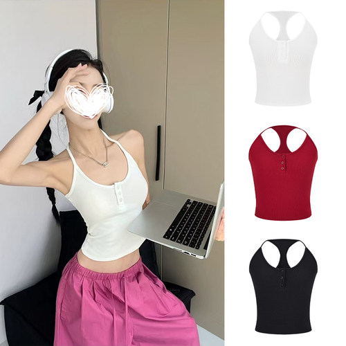 MosesQueen魔西女王遮副乳基础款吊带女白色纽扣修身显瘦工字背心
