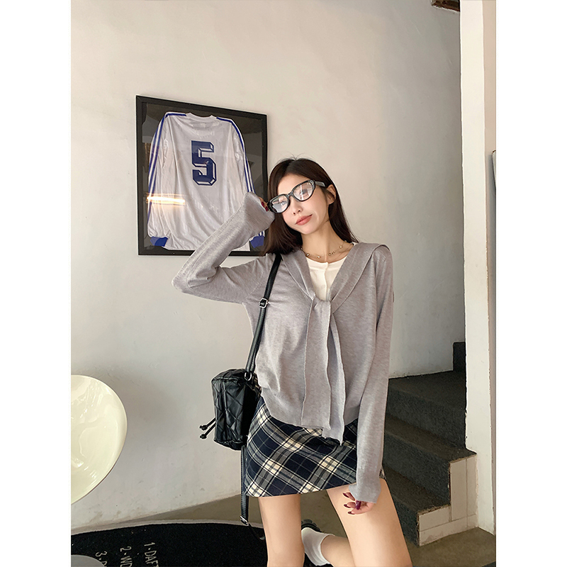 MosesQueen魔西女王设计感假两件针织衫秋季新款短款绑带长袖上衣