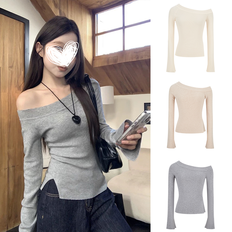 MosesQueen魔西女王韩系开叉斜肩针织衫女秋季新款灰色修身上衣