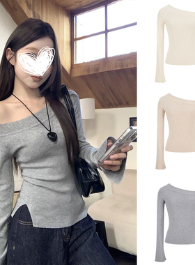 MosesQueen魔西女王韩系开叉斜肩针织衫女秋季新款灰色修身上衣