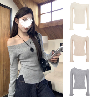 灰色修身 新款 上衣 女秋季 MosesQueen魔西女王韩系开叉斜肩针织衫