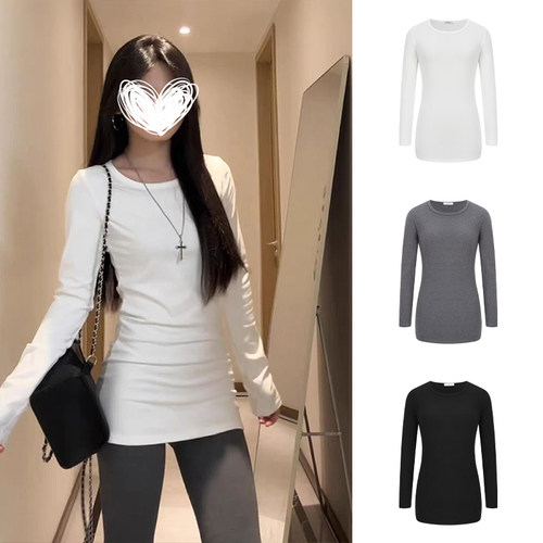 MosesQueen魔西女王白色正肩圆领加绒长袖内搭加厚修身保暖打底衫