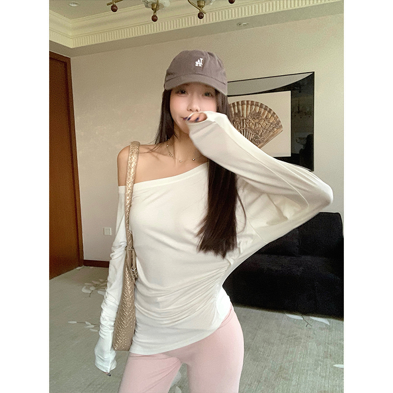 MosesQueen魔西女王性感斜肩白色长袖t恤秋装新款收腰设计感上衣
