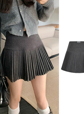MosesQueen百褶毛呢短裙女新款防走光A字性感高腰显瘦灰色半身裙