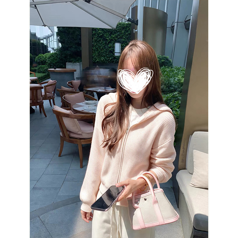 MosesQueen魔西女王粉色华夫格连帽针织开衫秋季宽松长袖短款外套