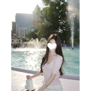 MosesQueen魔西女王米白色U领短袖针织衫女夏季薄款收腰t恤上衣