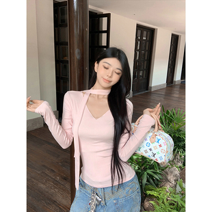 内搭打底衫 新款 上衣 t恤女秋季 MosesQueen魔西女王围脖飘带v领长袖