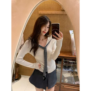 MosesQueen魔西女王海军领针织衫女新款韩系条纹披肩假两件上衣