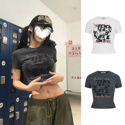 字母印花正肩短袖t恤短款上衣女