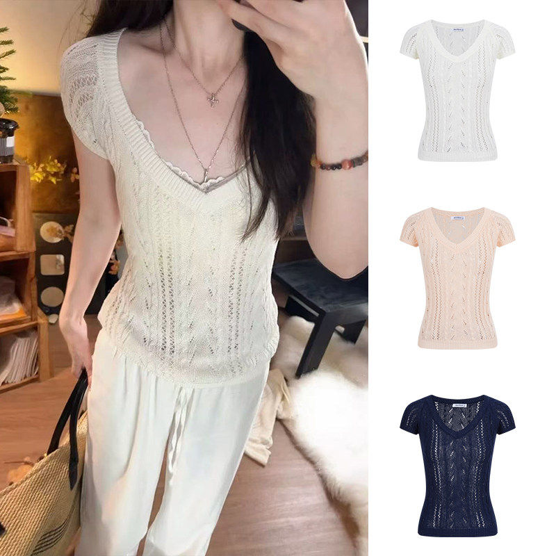 MosesQueen魔西女王镂空麻花针织短袖t恤女设计感修身显瘦v领上衣