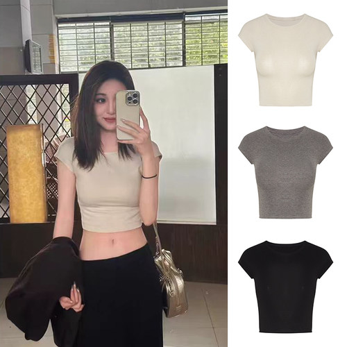MosesQueen魔西女王辣妹露脐短款T恤百搭修身圆领沙漏腰短袖女