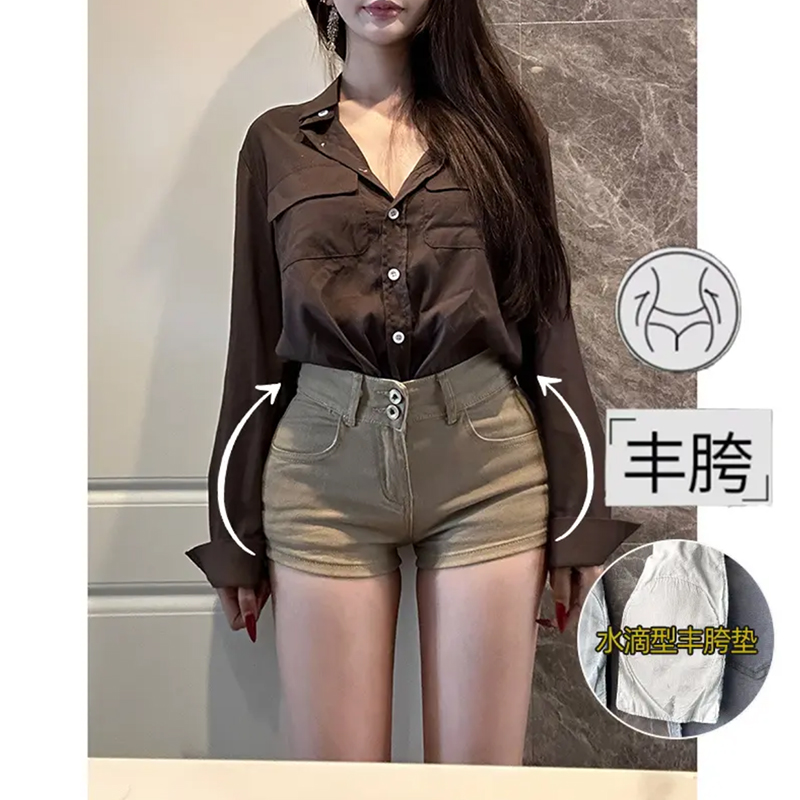 MosesQueen魔西女王高腰双扣丰胯牛仔短裤女浅卡其显瘦美胯热裤