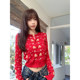MosesQueen魔西女王红色碎花针织开衫 上衣 新款 女短款 毛衣外套修身