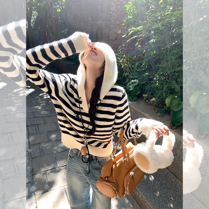 MosesQueen魔西女王条纹连帽毛衣女秋冬内搭打底时尚长袖针织上衣,女装/女士精品,毛针织衫,淘宝优惠券,粉丝福利购,淘宝优惠卷