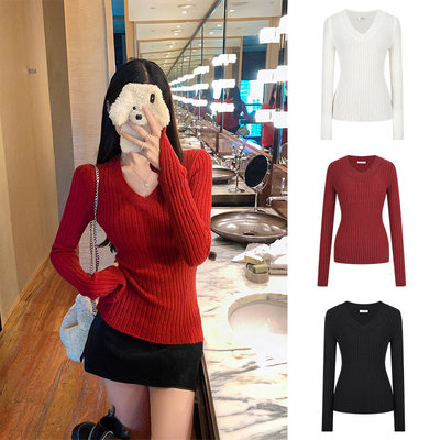 MosesQueen魔西女王纸片人慵懒感坑条针织衫女V领显瘦长袖上衣