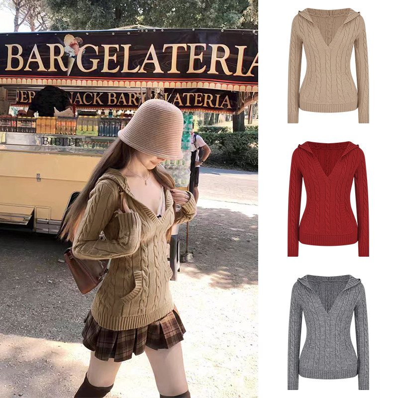 MosesQueen魔西女王连帽麻花毛衣女秋冬收腰显瘦v领长袖针织上衣