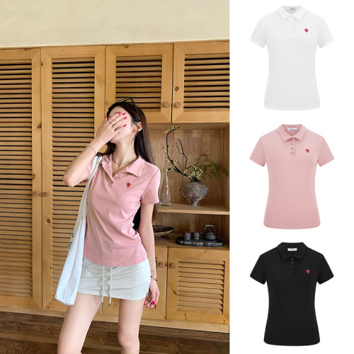 MosesQueen魔西女王粉色polo领短袖T恤2025新款刺绣休闲百搭上衣