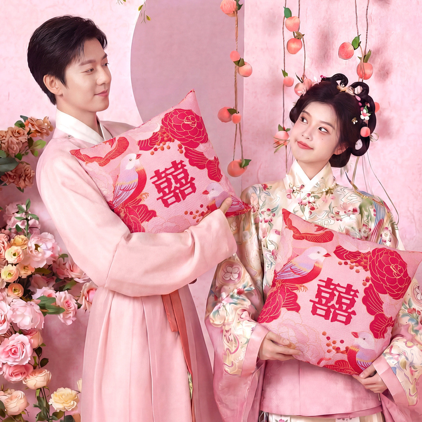 粉色高级结婚抱枕客厅沙发氛围感装饰布置靠垫新婚婚房喜字靠枕套