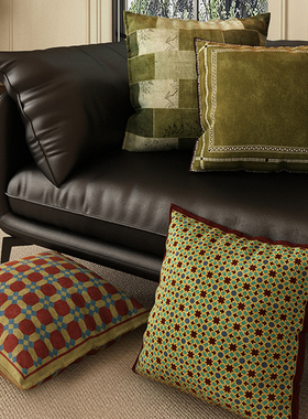 绿色高级感中古风覆古抱枕腰枕靠垫客厅沙发靠枕含芯靠背枕套方形