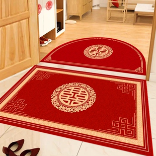 中式喜字结婚地垫喜庆婚房卧室红色地毯入户门门口玄关半圆脚垫