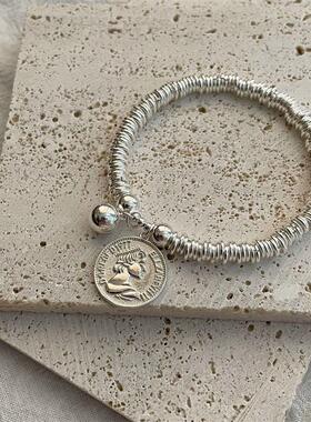 女S925纯人像圈圈手环气质重工轻奢亮色银手链圆牌手饰