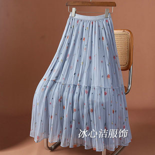 灰色印花网纱拼接大摆半身裙女2025夏季新款仙女裙中长款裙子长裙