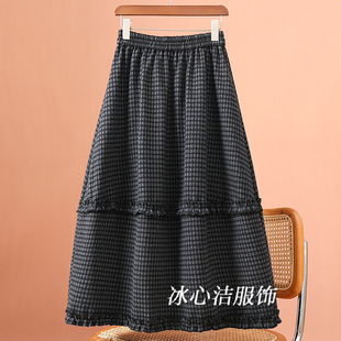 冬天超好看冬款系带木耳边花苞格子加厚毛呢半身裙女秋冬裙子长裙