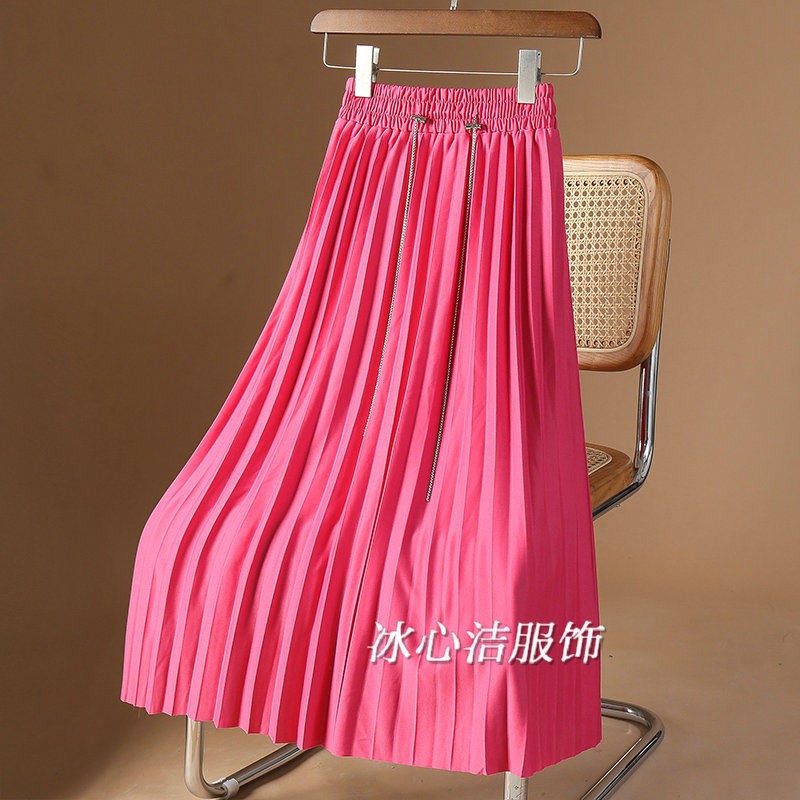 高级感玫红色垂感百褶裙半身裙女2025夏季高腰显瘦a字长裙半裙