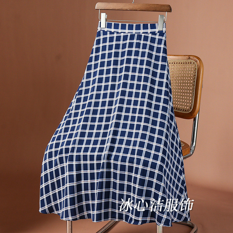 夏天薄款垂感雪纺印花格子半身裙女夏2025新款显瘦小个子A字裙子