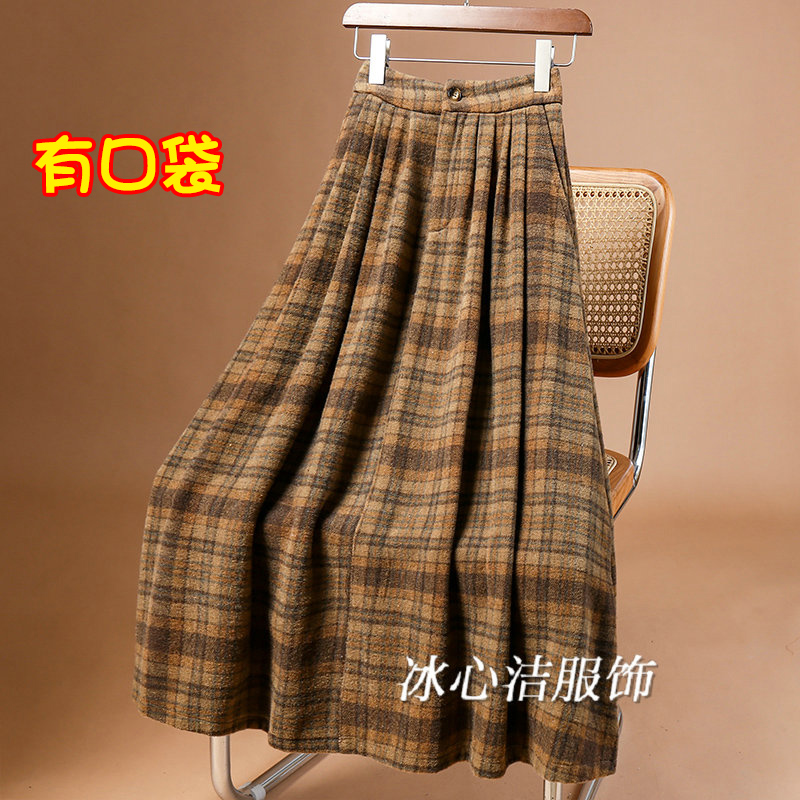 秋冬复古大摆加厚毛呢格子半身裙女2024新款a字裙子长裙伞裙冬裙