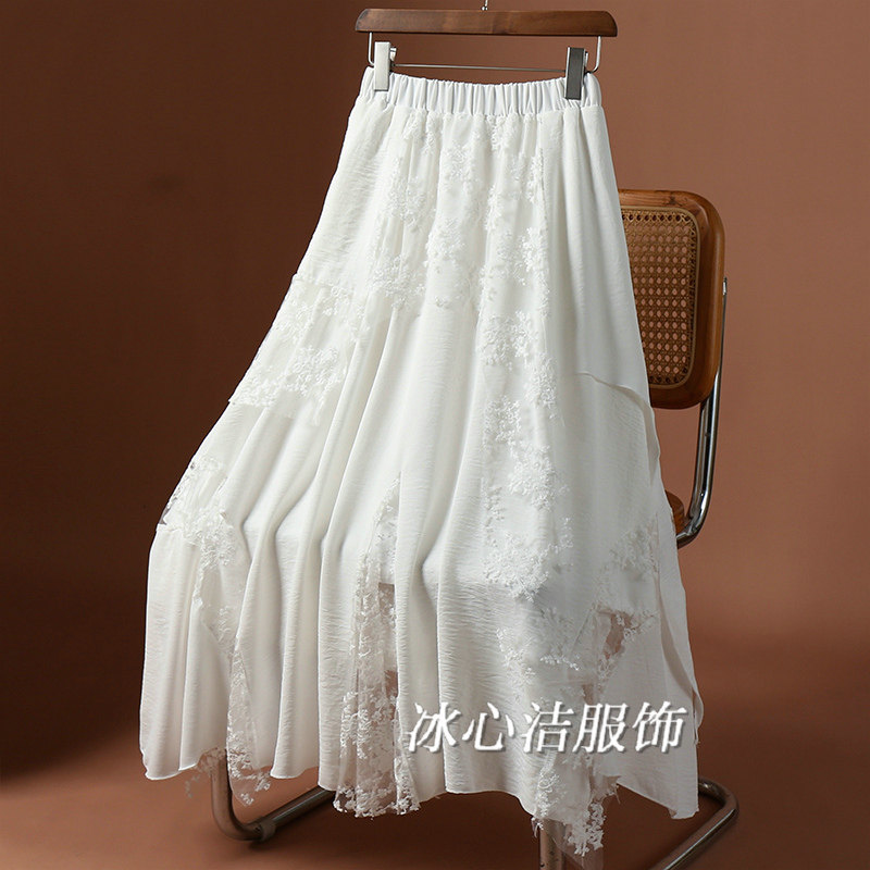 设计感白色不规则蕾丝拼接网纱裙半身裙女夏季2025新款A字长裙子