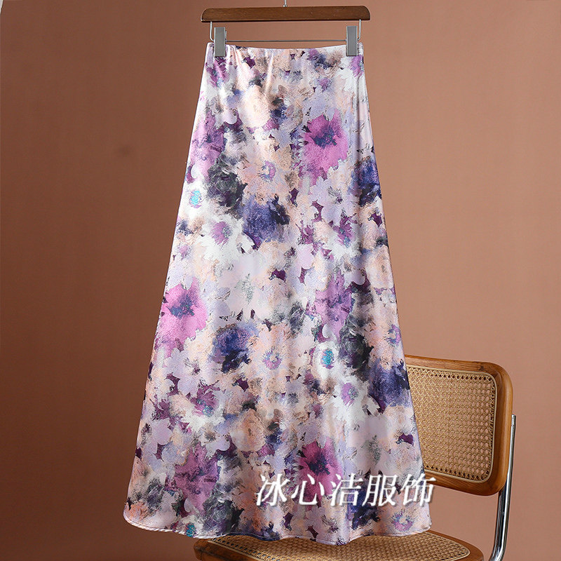 2025春夏新款高腰水墨印花鱼尾裙长裙女夏季显瘦醋酸缎面半身裙女