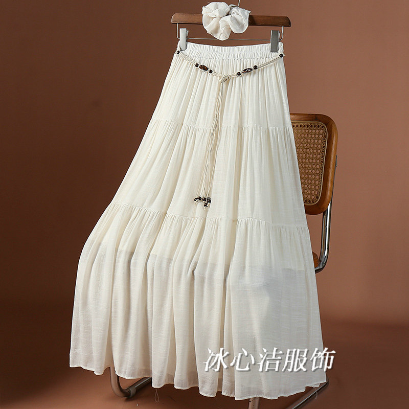 夏天薄款杏色仿棉麻大摆半身裙女夏季2025新款垂感显瘦a字裙长裙