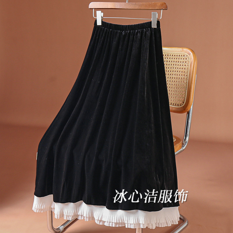 黑色丝绒高腰a字花边半身裙秋冬2025新款小个子中长款裙子伞裙