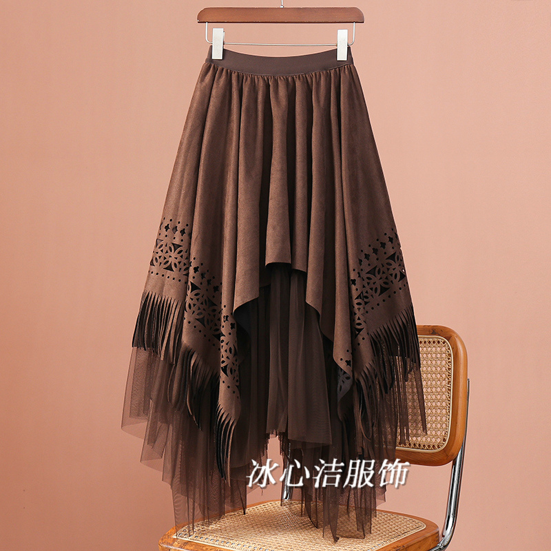 冬季麂皮绒流苏不规则网纱半身裙女秋冬2025新款冬天纱裙长裙子