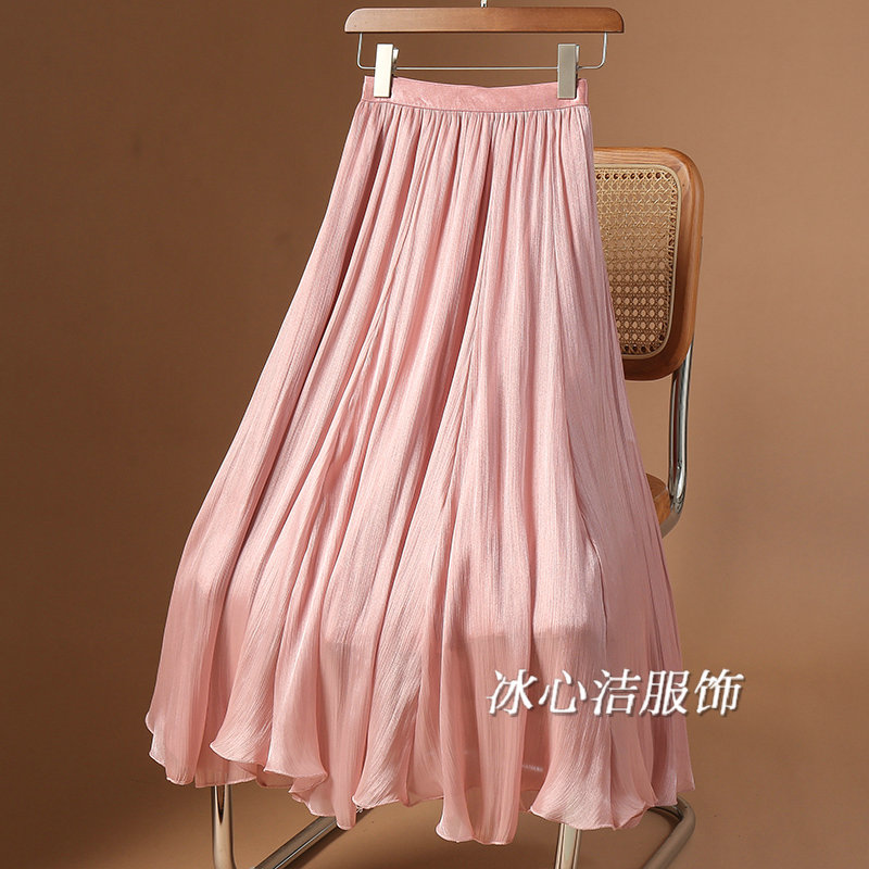 今年流行粉色流光纱裙A字半身裙女秋季2025新款欧根纱长裙半裙夏