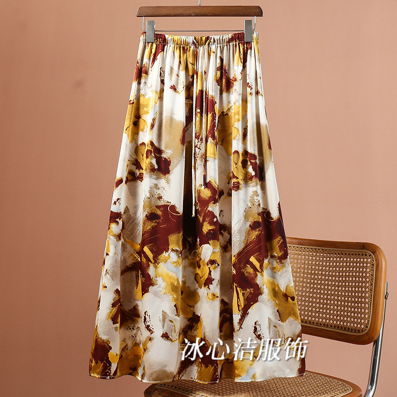 夏天醋酸抽绳垂感半身裙女夏季2025新款显瘦A字大摆裙子长裙半裙