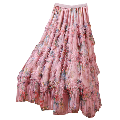 法式钉珠印花网纱蛋糕裙半身裙