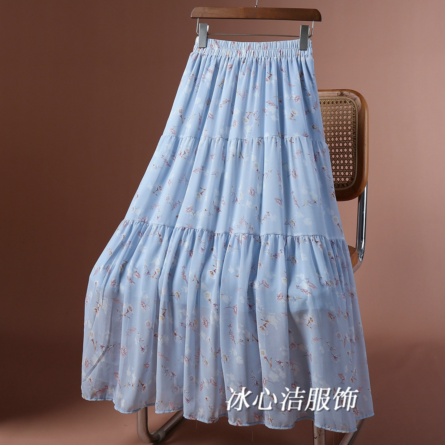 夏天蓝色小碎花雪纺半身裙女2026夏季新款流行爆款A字大摆裙长裙
