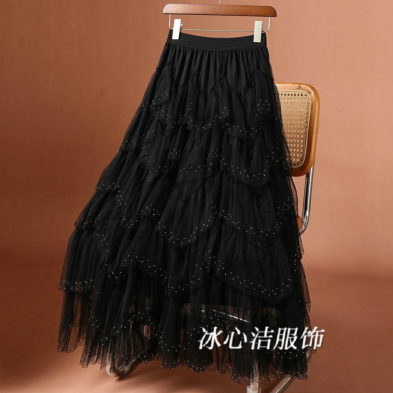 亮闪闪烫钻不规则层层网纱半身裙女2025春夏新款纱裙蛋糕长裙子