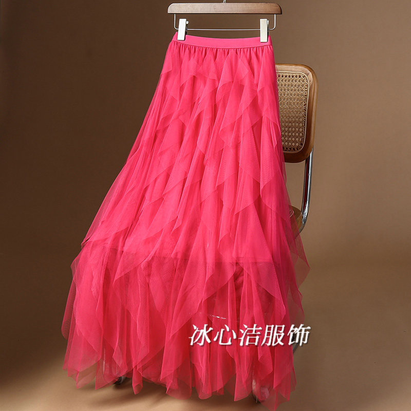 玫红色不规则层层网纱半身裙女秋冬2025新款高腰白色裙子长裙纱裙