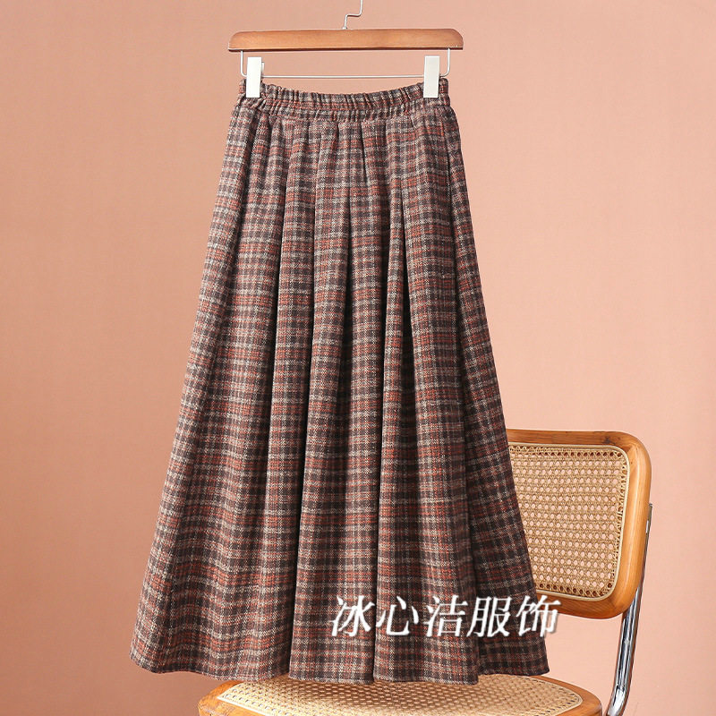 复古加厚磨毛格子半身裙女秋冬2026新款中长款裙子显瘦格纹A字裙