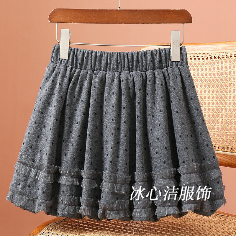 冬季高级感蕾丝花边波点加厚毛呢短裙半身裙女秋冬款a字裙子冬裙