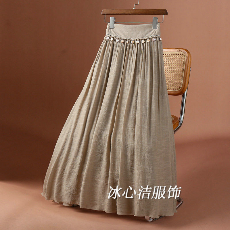 中国风吊坠仿棉麻垂感长款半身裙女夏季2025新款大摆松紧腰长裙半