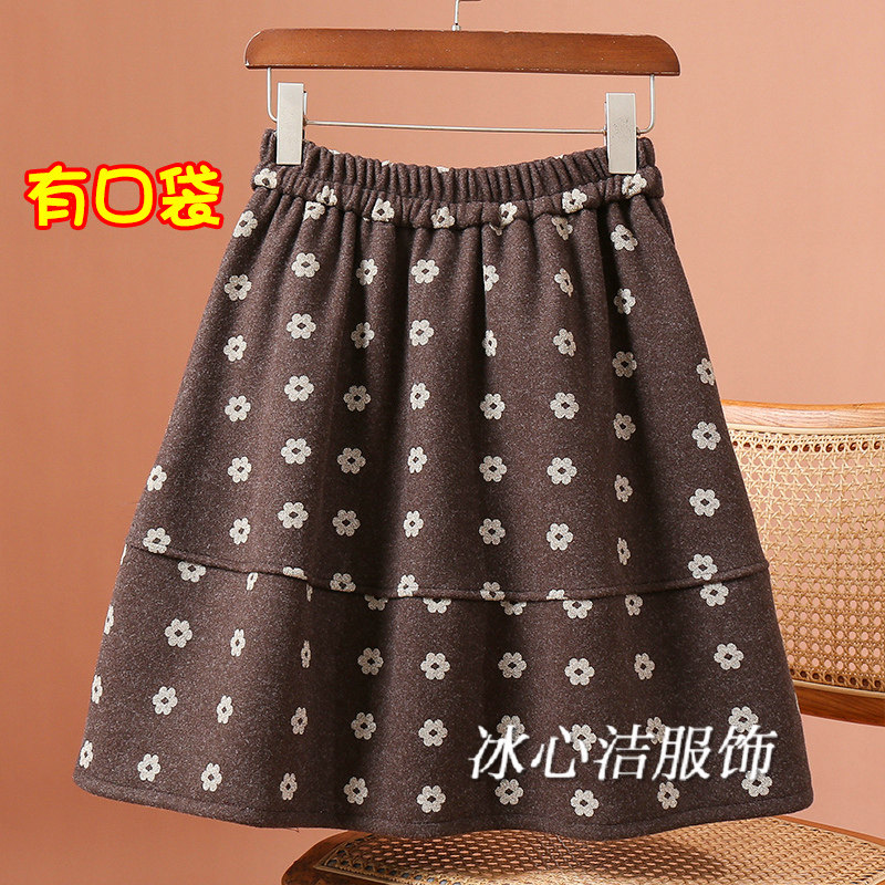 冬天复古花朵毛呢短裙半身裙女秋冬新款小个子A字花苞口袋蓬蓬裙