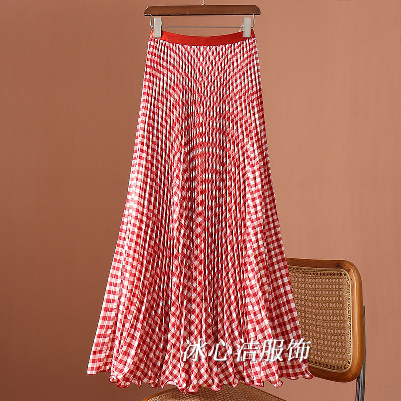 超火长款红色格子半身裙女秋冬2025款鱼尾大摆A字百褶格纹长裙子