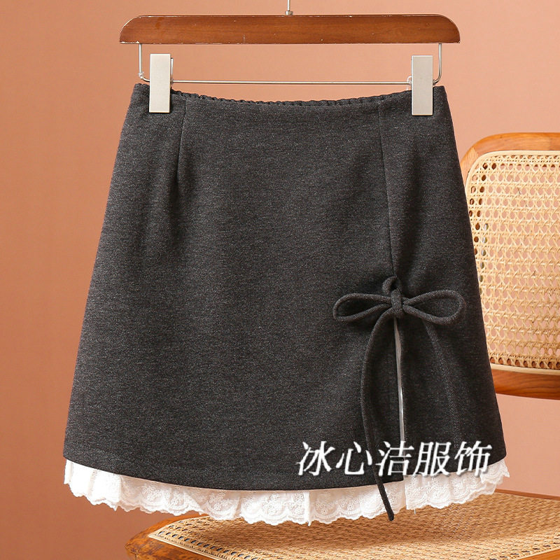 超好看冬款蝴蝶结毛呢蕾丝花边短裙半身裙女秋冬2025小个子裙子冬